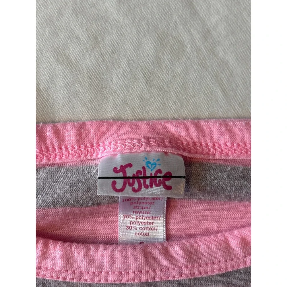 Justice Striped Top Girls Size 8 Pink‎ Gray Excellent High-Low Long Sleeve Shirt